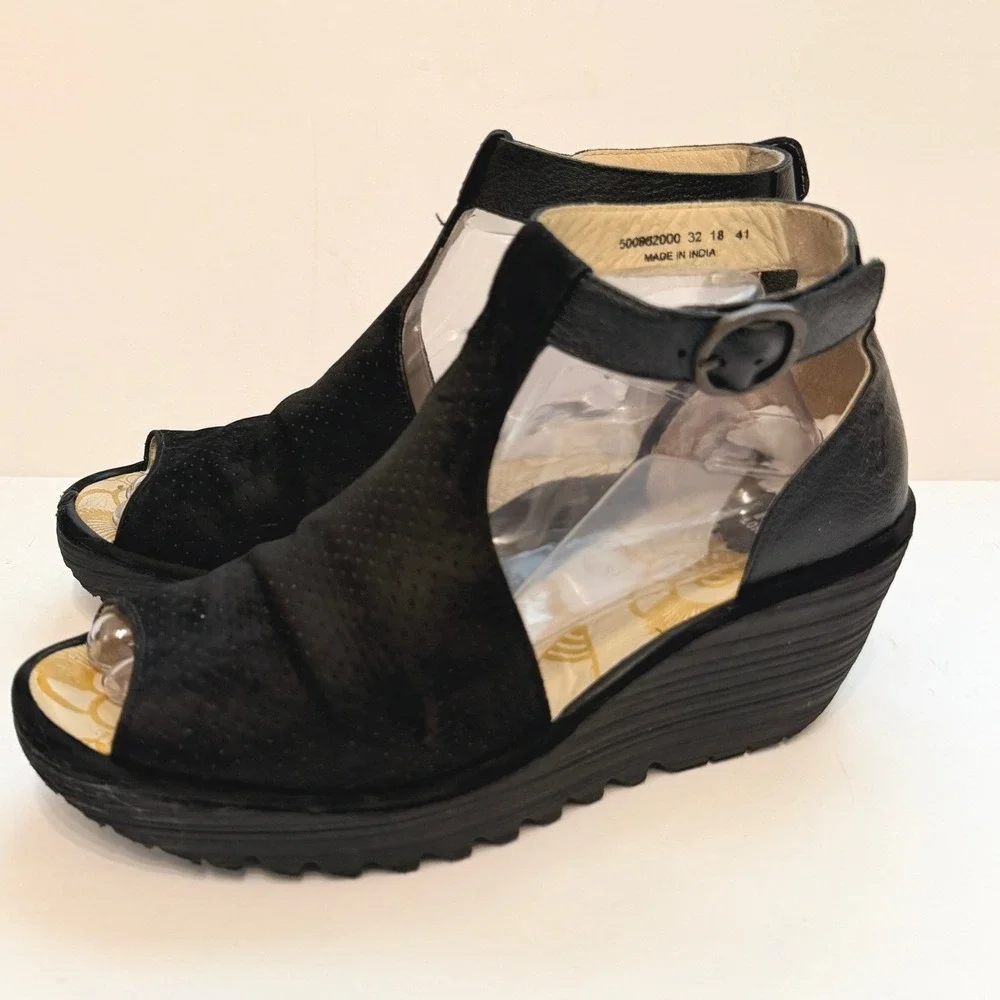 Fly London Yala Black Leather Suede Perforated Wedge Sandals Size 41 US 10-10.5